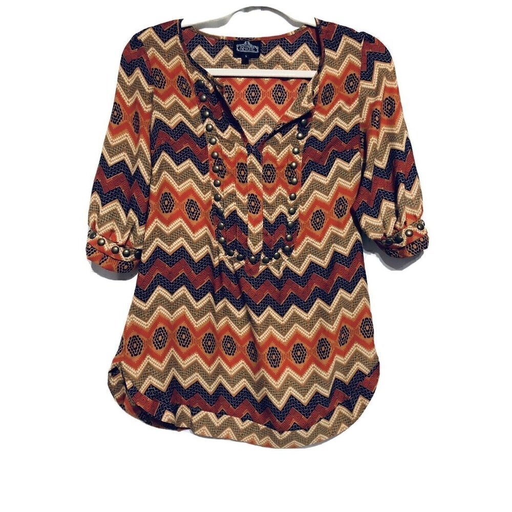 Angie Top Womens Small Aztec Print Short Sleeve Southwestern Boho Festival